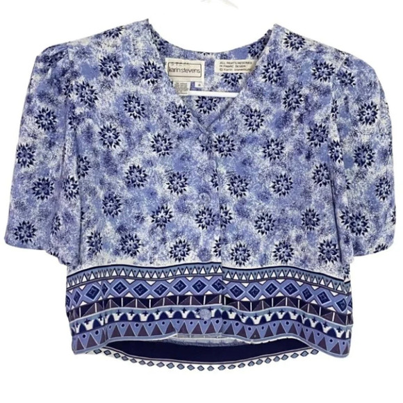 Vintage 90s Printed Cropped Blouse Shoulder Pads Size Medium 6 - 8 Floral Blue - Picture 1 of 10